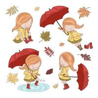 ragazze e ombrelli autunno personaggi vettore illustrazione impostato