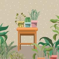 piante d'appartamento su una sedia di legno, scena del giardino vettore