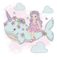 volante Principessa unicorno balena cartone animato vettore illustrazione impostato