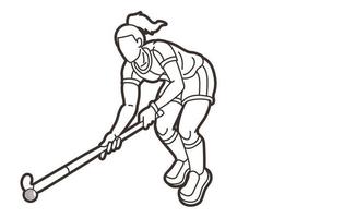 campo hockey sport femmina giocatore azione cartone animato grafico vettore