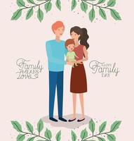 carta di giorno della famiglia con genitori e figlio corona di foglie vettore