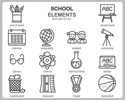 set di icone di scuola per sito Web, documento, poster design, stampa, applicazione. stile di contorno icona del concetto di scuola. vettore
