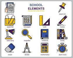 set di icone di scuola per sito Web, documento, poster design, stampa, applicazione. icona del concetto di scuola riempito stile contorno. vettore