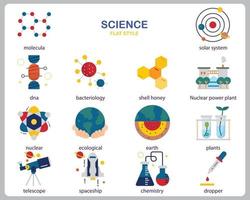 set di icone di scienza per sito Web, documento, poster design, stampa, applicazione. stile piatto icona del concetto di scienza. vettore