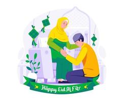 contento Ramadhan e eid mubarak. musulmano uomo scusandosi per il suo madre. un' tradizione di eid al-fitr. vettore illustrazione nel piatto stile