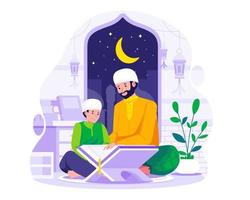 un' musulmano padre insegna il suo figlio per leggere corano. musulmano persone leggere Corano nel il santo mese di Ramadan. musulmano famiglia leggere Corano su Ramadan concetto illustrazione vettore