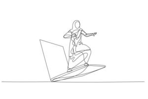disegno di musulmano donna equitazione il computer portatile. metafora per tecnologia Usato nel attività commerciale. uno linea stile arte vettore