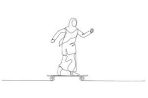 cartone animato di musulmano donna equitazione skateboard. metafora per gioventù fare attività commerciale. singolo continuo linea arte vettore