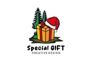Natale regalo logo disegno, vettore illustrazione di Natale regalo con Santa Claus cappello e abete albero