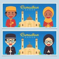 biglietto di auguri felice ramadhan con set di caratteri vettore