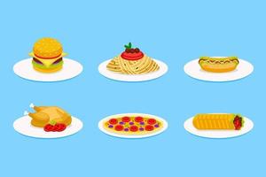set di illustrazione vettoriale fast food sulla piastra