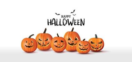 banner di auguri di halloween felice con zucche e pipistrelli. stile di taglio della carta vettore