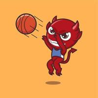 carino cartone animato diavolo giocando pallacanestro vettore