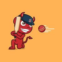 carino cartone animato diavolo giocando cricket vettore