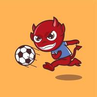 carino cartone animato diavolo giocando calcio vettore