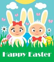 contento Pasqua sfondo con bambini nel bianca conigli costume vettore
