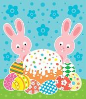 Pasqua sfondo carta con torta e conigli. vettore illustrazione