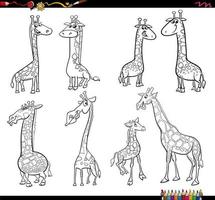 divertente cartone animato giraffe personaggi impostato colorazione pagina vettore