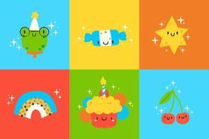 impostato di 6 illustrazioni nel kawaii stile. carino rana, caramella, ciliegie, arcobaleno, torta e star.hand disegnato compleanno etichette impostato vettore illustrazione design.felice compleanno saluto carta per bambini