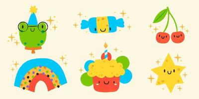 impostato di 6 illustrazioni nel kawaii stile. carino rana, caramella, ciliegie, arcobaleno, torta e star.hand disegnato compleanno etichette impostato vettore illustrazione design.felice compleanno saluto carta per bambini