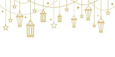sospeso islamico d'oro lanterne e stelle per decorazione, linea arte Arabo lampada vettore