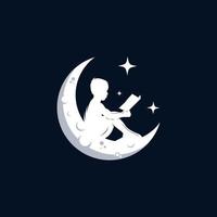 vettore poco ragazzo lettura libro su Luna logo modello design