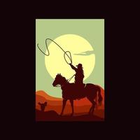 cowboy equitazione cavallo silhouette a tramonto logo vettore