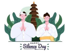 felice giorno del silenzio nyepi e felice anno nuovo saka o capodanno indù. bali coppia o persone con abiti tradizionali. vettore