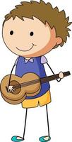 un bambino scarabocchio che suona un personaggio dei cartoni animati di chitarra acustica isolato vettore