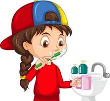 un personaggio dei cartoni animati di ragazza lavarsi i denti con il lavandino dell'acqua vettore