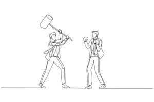cartone animato di uomo d'affari provare per combattimento collega con smussato arma. concetto di umano risorsa concorrenza. uno linea arte stile vettore