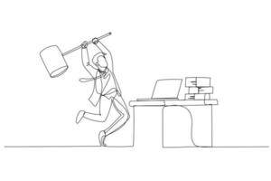 illustrazione di uomo d'affari colpire computer. concetto di frustrazione a opera. singolo continuo linea arte vettore