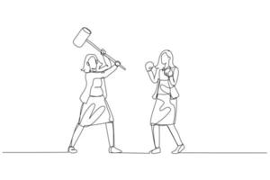 illustrazione di donna d'affari provare per combattimento collega con smussato arma. concetto di umano risorsa concorrenza. continuo linea arte stile vettore
