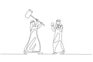 cartone animato di arabo uomo d'affari provare per combattimento collega con smussato arma. concetto di umano risorsa concorrenza. singolo continuo linea arte stile vettore