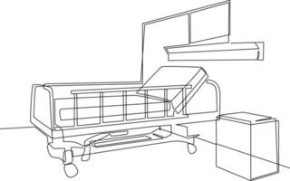 singolo uno linea disegno ospedale camera interno con letto e clinica attrezzatura. un vuoto ospedale camera concetto. continuo linea disegnare design grafico vettore illustrazione.