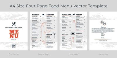 ristorante bar menù, modello design. a4 taglia, quattro pagina cibo menù vettore modello.