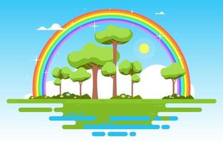 bellissimo paesaggio galleggiante arcobaleno estate natura illustrazione vettore