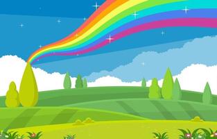 bellissimo arcobaleno in estate natura paesaggio paesaggio illustrazione vettore