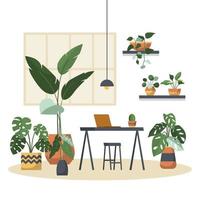 pianta decorativa verde pianta d'appartamento tropicale nell'illustrazione dell'area di lavoro dell'ufficio vettore