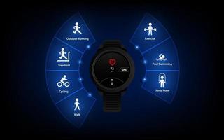 icona dell'interfaccia utente dell'interfaccia del tracker fitness, sfondo, contapassi sportivo, modello vettoriale di orologio intelligente