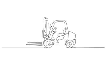 continuo linea arte o uno linea disegno di carrello elevatore a forca camion per vettore illustrazione, attività commerciale trasporto. pesante attrezzatura veicolo costruzione concetto. grafico design moderno continuo linea disegno