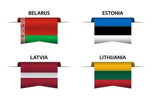 set di quattro nastri bielorussi, estoni, lettoni e lituani. Made in Bielorussia, Made in Estonia, Made in Lettonia e Made in Lithuania adesivi ed etichette. vettore semplici icone con bandiere