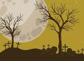 sfondo di Halloween con scena del cimitero di notte vettore