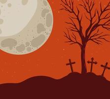 sfondo di Halloween con scena del cimitero di notte vettore