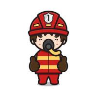 Simpatico personaggio di vigile del fuoco che indossa il tubo flessibile dell'ossigeno con una buona posa del fumetto icona vettore illustrazione
