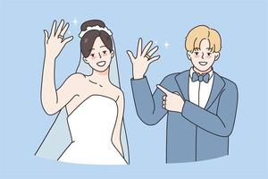 nozze e matrimonio giorno concetto. sorridente giovane contento coppia moglie e marito in piedi mostrando anelli su dita sensazione eccitato vettore illustrazione