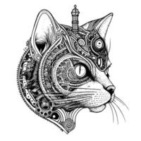 capriccioso e intrigante gatto con meccanico miglioramenti, combinando felino grazia con industriale stile nel un' di ispirazione steampunk opera d'arte vettore