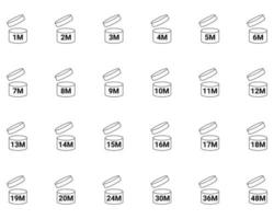 pao scadenza Data icone impostare. Prodotto scadenza Data 3m, 6 m, 12 m, 24 m, 36 m , 48 m mese . vettore illustrazione.