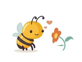 romantico sognare ape e fiore. cartone animato ape carino personaggio nel piatto stile. vettore illustrazione.