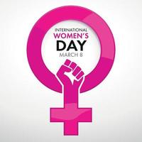 titolo internazionale Da donna giorno dentro il simbolo di donna nel rosa con un' chiuso cazzotto dentro il simbolo su bianca sfondo vettore